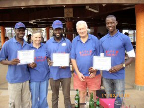 Certificates for the essential assistants - from the left Wandifa, Pippa, Abdoulie, Ian and Yankuba 