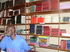 The very neat library at Brikama Methodist SSS. Wandifa looking studious! There are two complete sets of Encyclopaedia Britannica