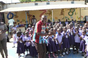 children outside a new classroom