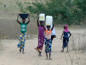 students carrying water for the garden