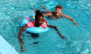 Carole and Jarra, first ever swim