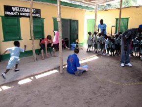 running and jumping over the 'wriggly rope'