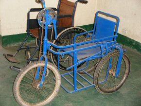 A wheelchair made at the Foundation for the Disabled to cope with sand etc