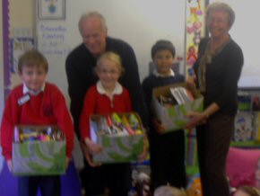 Brian and Ann and some pupils with some of the pencil collection (sorry for fuzzy photo!)