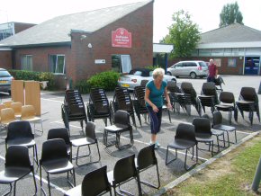  tables and chairs from Southwater Junior School ready for loading