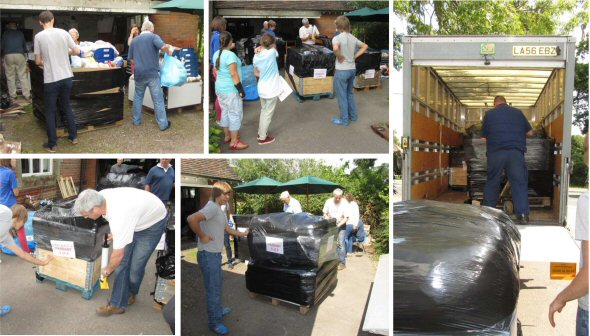 Pallets fully loaded, wrapped and labelled – then lifted into lorry for transporting to shippers