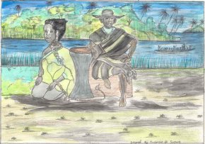 a woman slave kneels in chains on the river bank, while the slave trader stands behind her