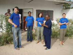 Adam, Clare and Katie with Pageant's agent Alimatou and headmaster Jacob Amadi