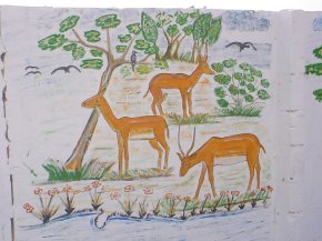 a painting showing some deer grazing under some trees